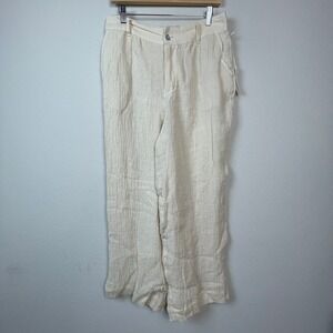 Tahari Linen Wide Leg Pants Womens L Cream High Rise Elastic Back Coastal Boho